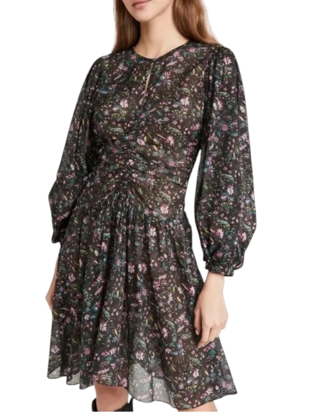 Isabel Marant Marili Ruched Blouson Sleeve Dress Floral Size 42